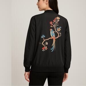 Nanette Lepore Bird Embroidered Black Bomber Jacket